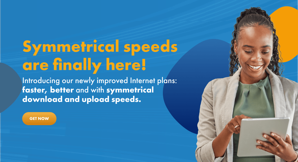 Homepage desktop banner for Flow Business Barbados promoting symmetrical internet speeds for small businesses